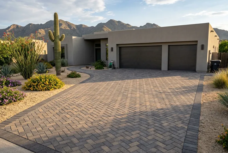 Herringbone paver driveway with desert landscaping in Scottsdale Arizona