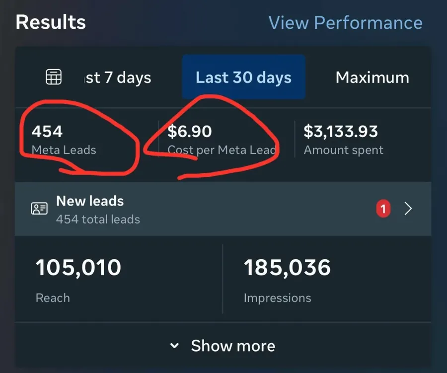 Ad account results showing 454 leads at $6.90 per lead
