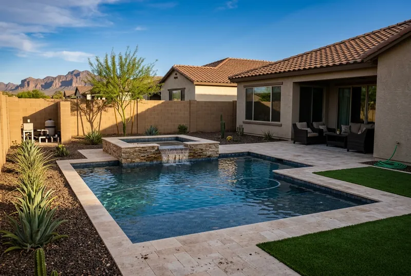 Backyard pool and raised spa with travertine deck and turf in Gilbert Arizona