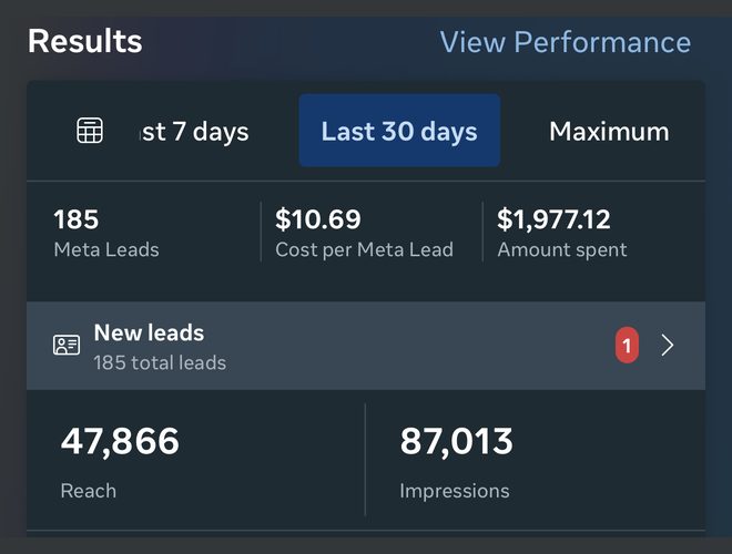 Historical Meta Ads Manager results from client campaigns, screenshot 4