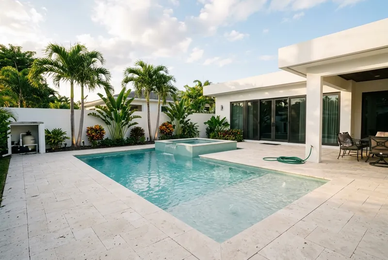 Modern geometric pool and spa with palms and travertine deck in Miami Florida