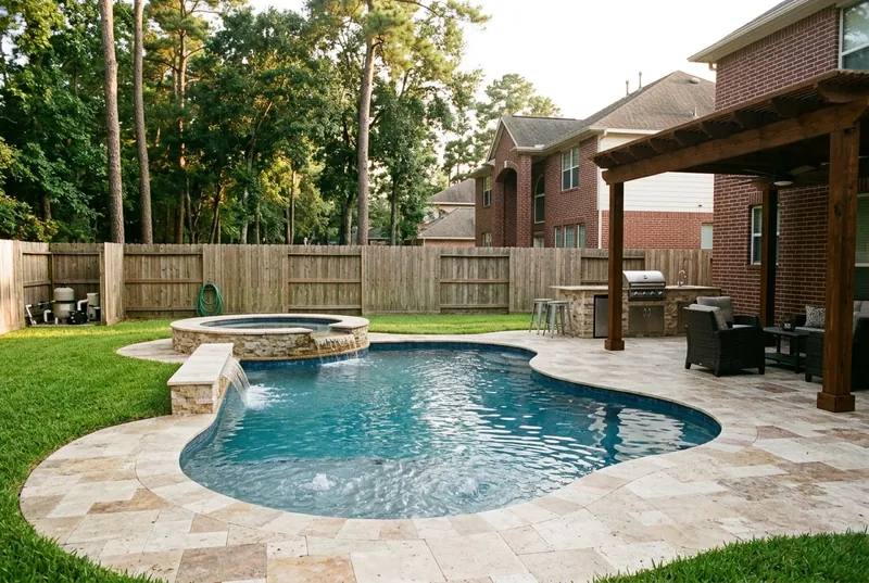 Freeform pool with spa spillway, travertine patio and outdoor kitchen in Houston Texas