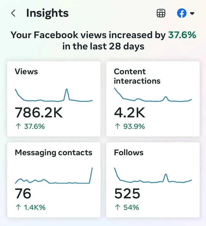 Facebook insights showing views up 37.6 percent